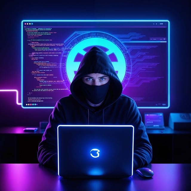 Persona encapuchada frente a un ordenador portátil con gráficos digitales y símbolos de inteligencia artificial, representando amenazas de ciberseguridad impulsadas por IA.