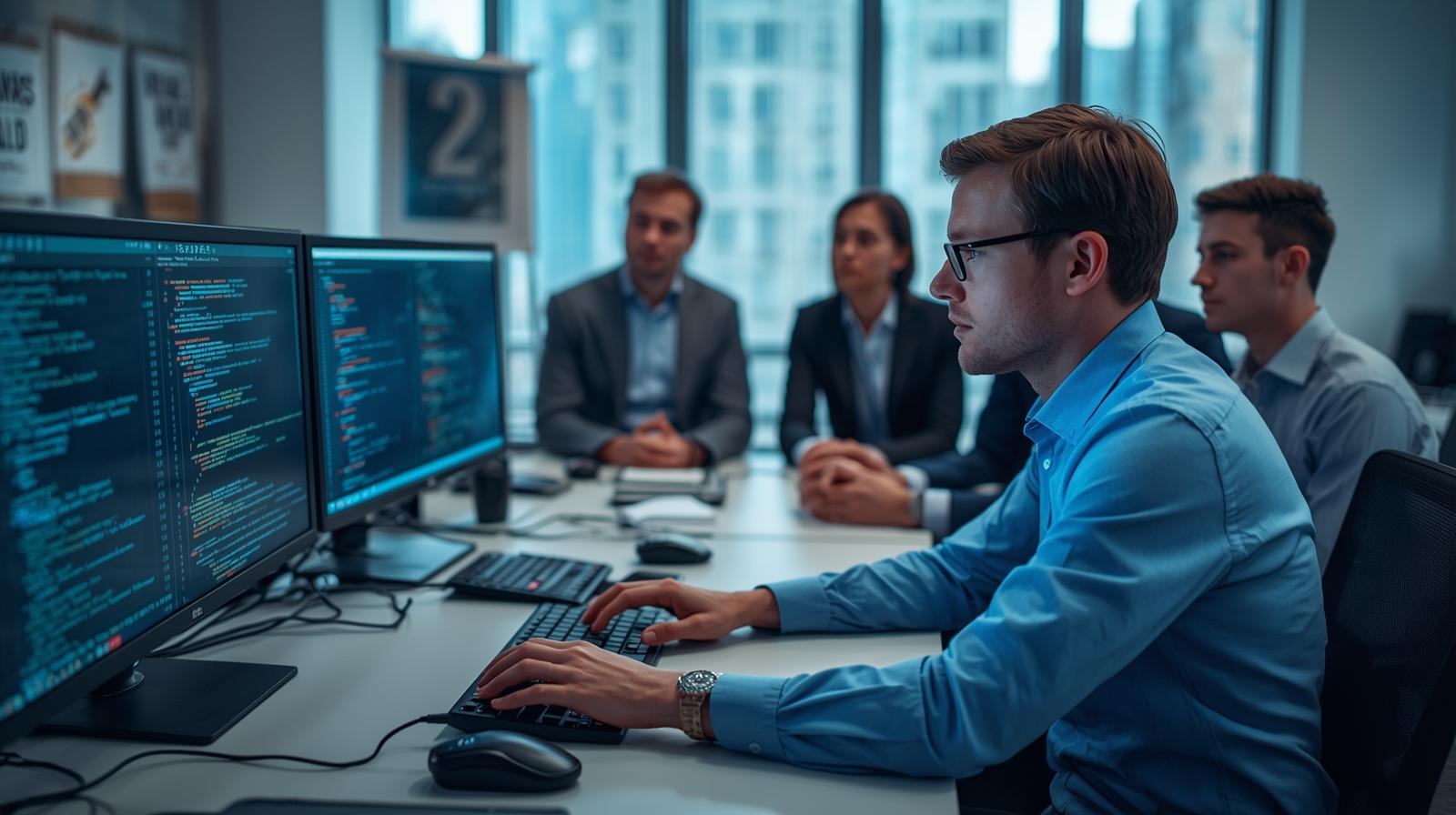 Experto en ciberseguridad trabajando en oficina con dos computadoras, desarrollando sistemas de protección contra ciberataques y capacitando al equipo en prácticas seguras e IA aplicada a la seguridad empresarial.