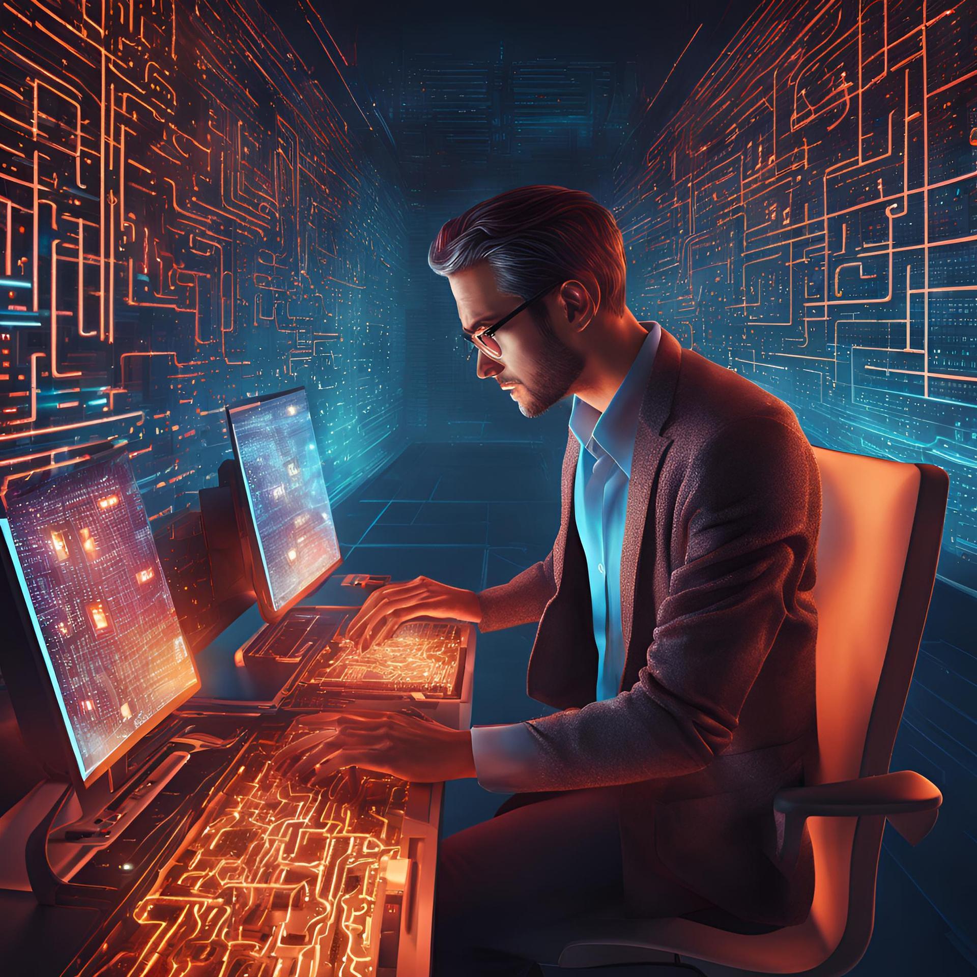 Analista de ciberseguridad trabajando frente a varios monitores con datos digitales y redes informáticas, ilustrando investigación de ciberataques y filtraciones de datos.