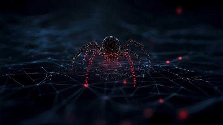 Araña digital formada por puntos y conexiones sobre una red tecnológica oscura, simbolizando ciberataques y amenazas informáticas avanzadas.