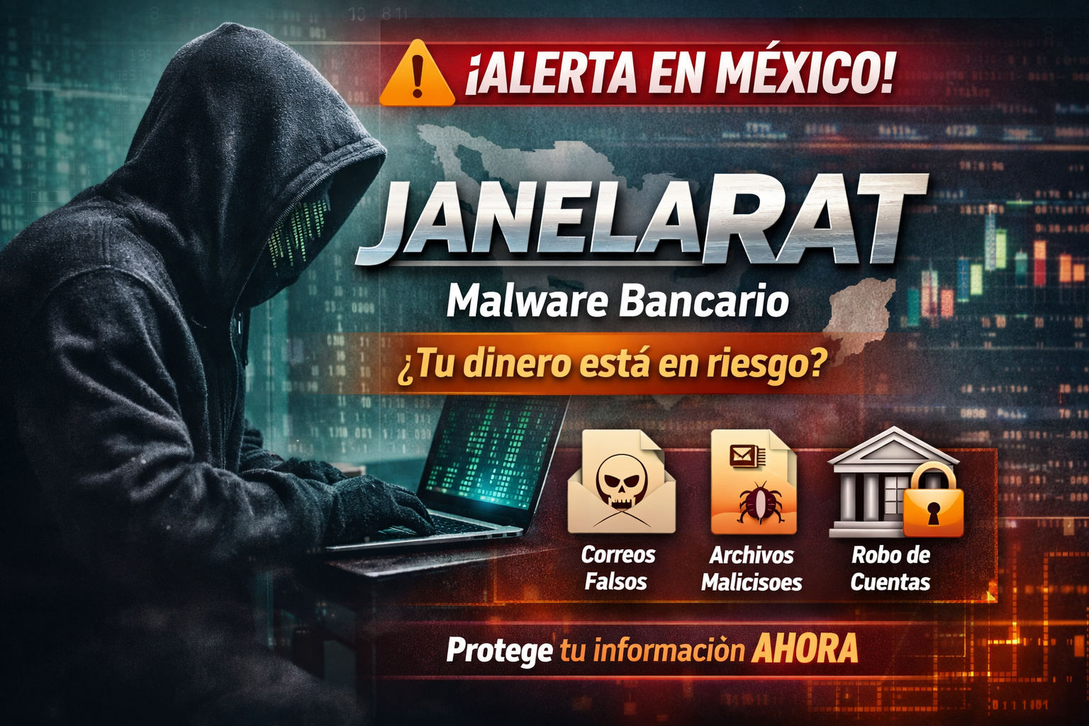 Persona encapuchada frente a una laptop con código digital y gráficos financieros, acompañada del texto JanelaRAT Malware Bancario y alertas sobre correos falsos, archivos maliciosos y robo de cuentas en México.