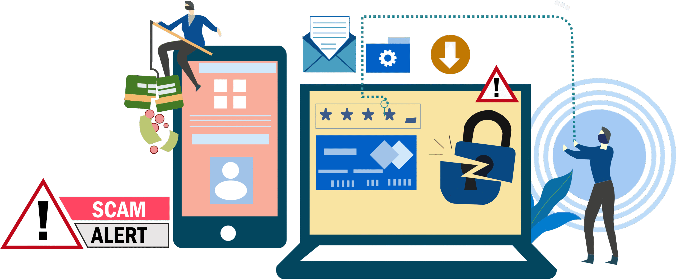 Ilustración de fraude en pagos en línea con phishing, robo de datos bancarios, tarjeta de crédito y alerta de estafa en dispositivos digitales