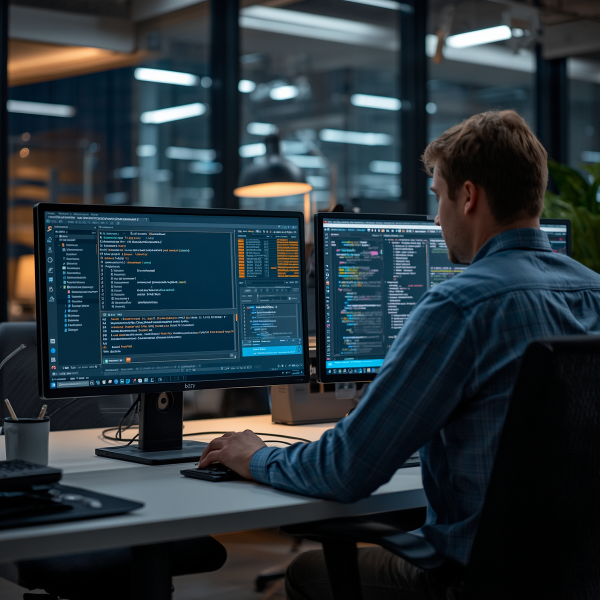 Profesional en informática especialista en ciberseguridad trabajando en una oficina moderna, sentado frente a dos monitores de computadora con programas de seguridad y código abiertos en las pantallas.